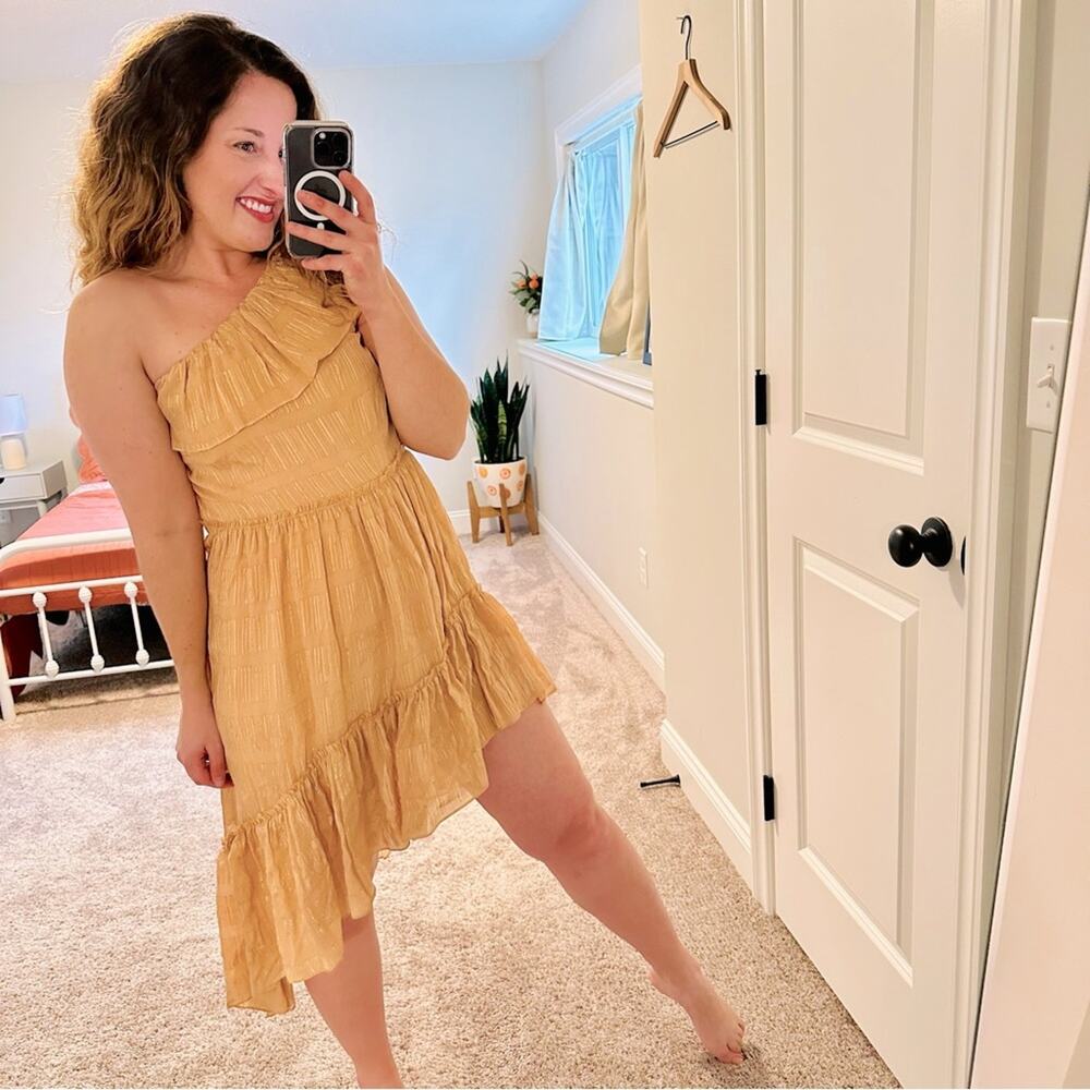 LoveShackFancy Pink Gold One Shoulder Mini Dress 2
